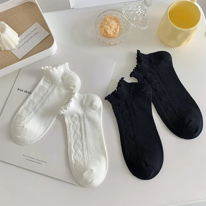 Pink Purple Women Short Socks JK Lolita Kawaii Cute Ruffle Socks Cotton Thin Breathable Low Cut Ankle Boat Socks Sox Sweet Girls