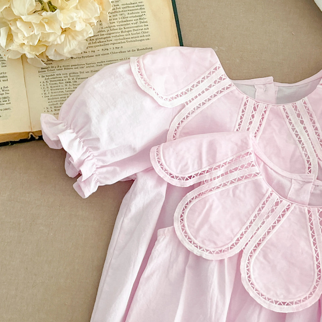 Girls Pink Princess Dresses New Summer Baby Dress Puff Sleeve Korean Style Petal Collar Toddlers Kids Cotton Cute Party Dress
