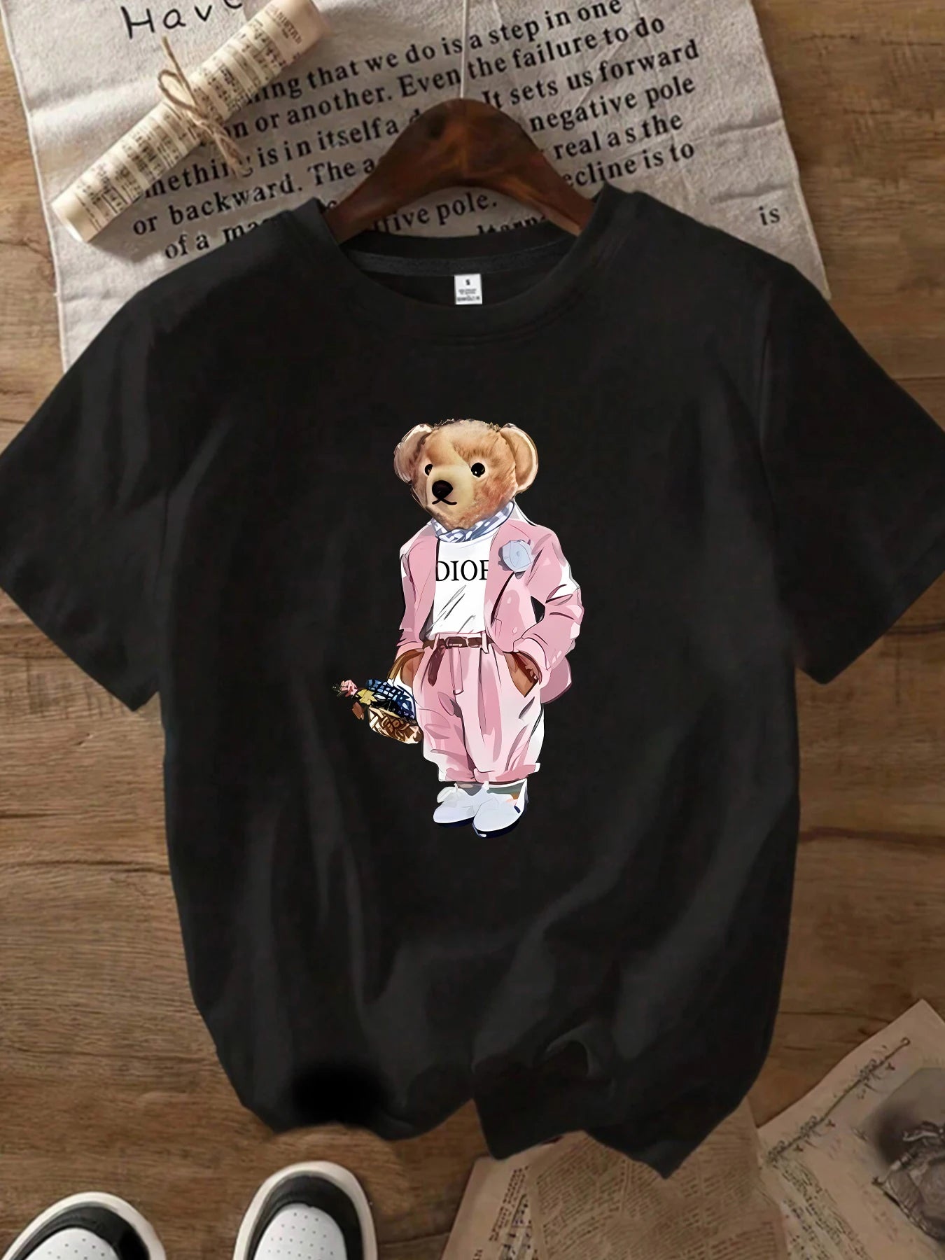 Pink dress bear pattern round neck women T-shirt short sleeve fashion print half sleeve shirt stretch T-shirt