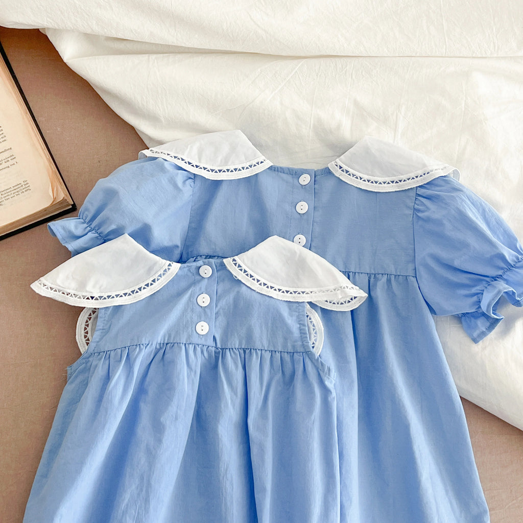 Girls Pink Princess Dresses New Summer Baby Dress Puff Sleeve Korean Style Petal Collar Toddlers Kids Cotton Cute Party Dress