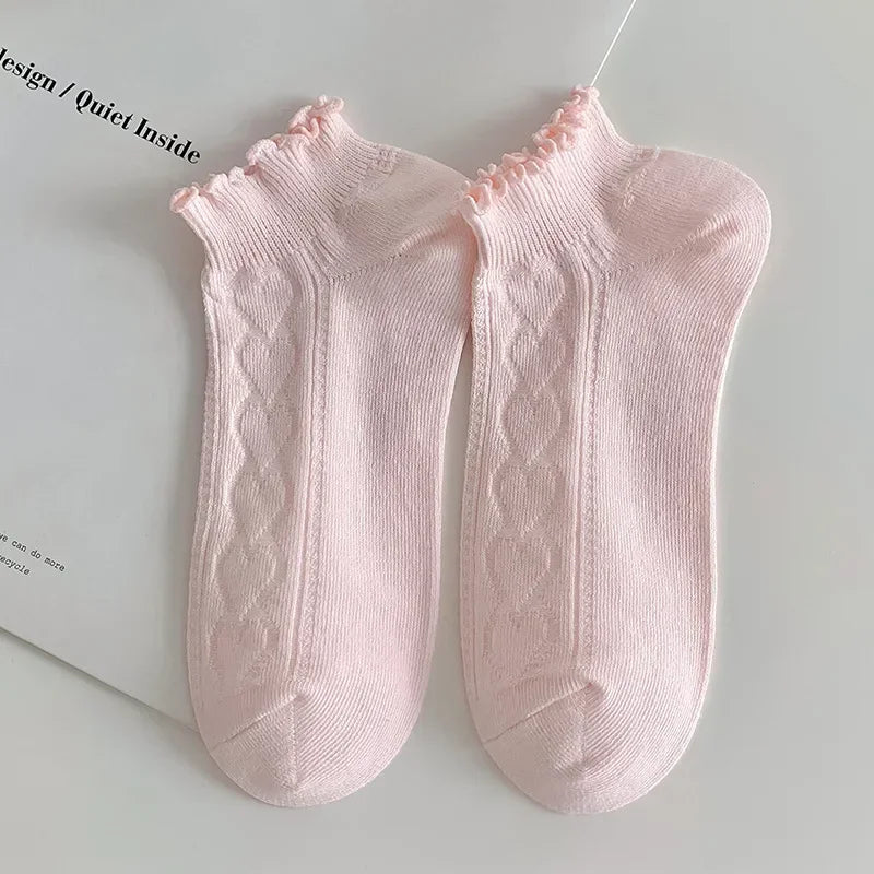 Pink Purple Women Short Socks JK Lolita Kawaii Cute Ruffle Socks Cotton Thin Breathable Low Cut Ankle Boat Socks Sox Sweet Girls