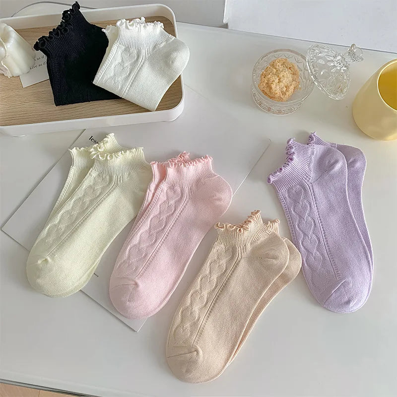 Pink Purple Women Short Socks JK Lolita Kawaii Cute Ruffle Socks Cotton Thin Breathable Low Cut Ankle Boat Socks Sox Sweet Girls