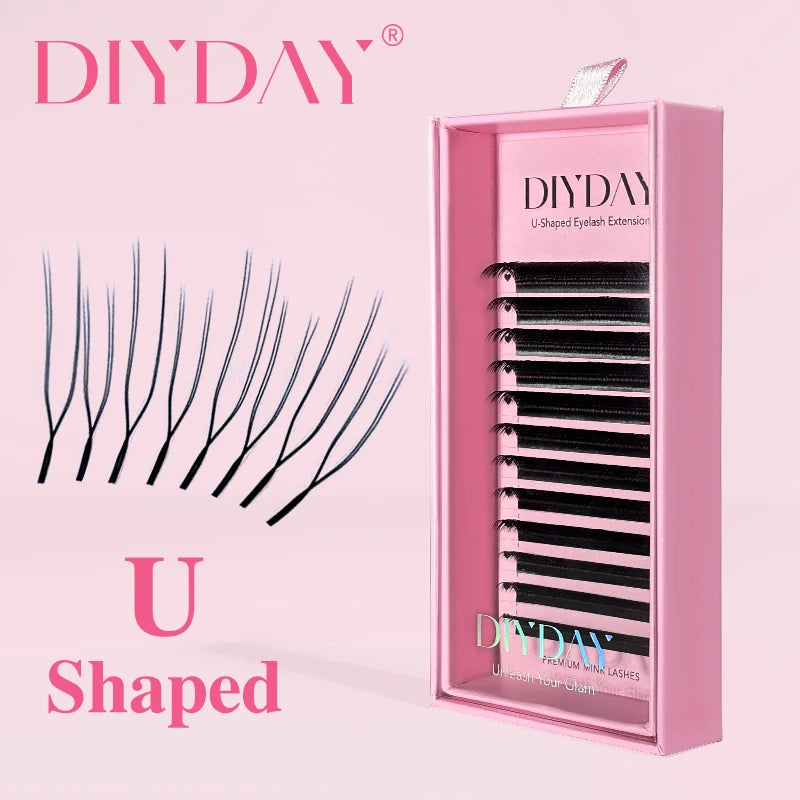 DIYDAY U-Shaped YY Eyelash Extensions, Premium PBT False Mink Individual Lashes, C/D Curl 9–15mm, Soft Natural Look, 12 Rows per Tray, Matte Black
