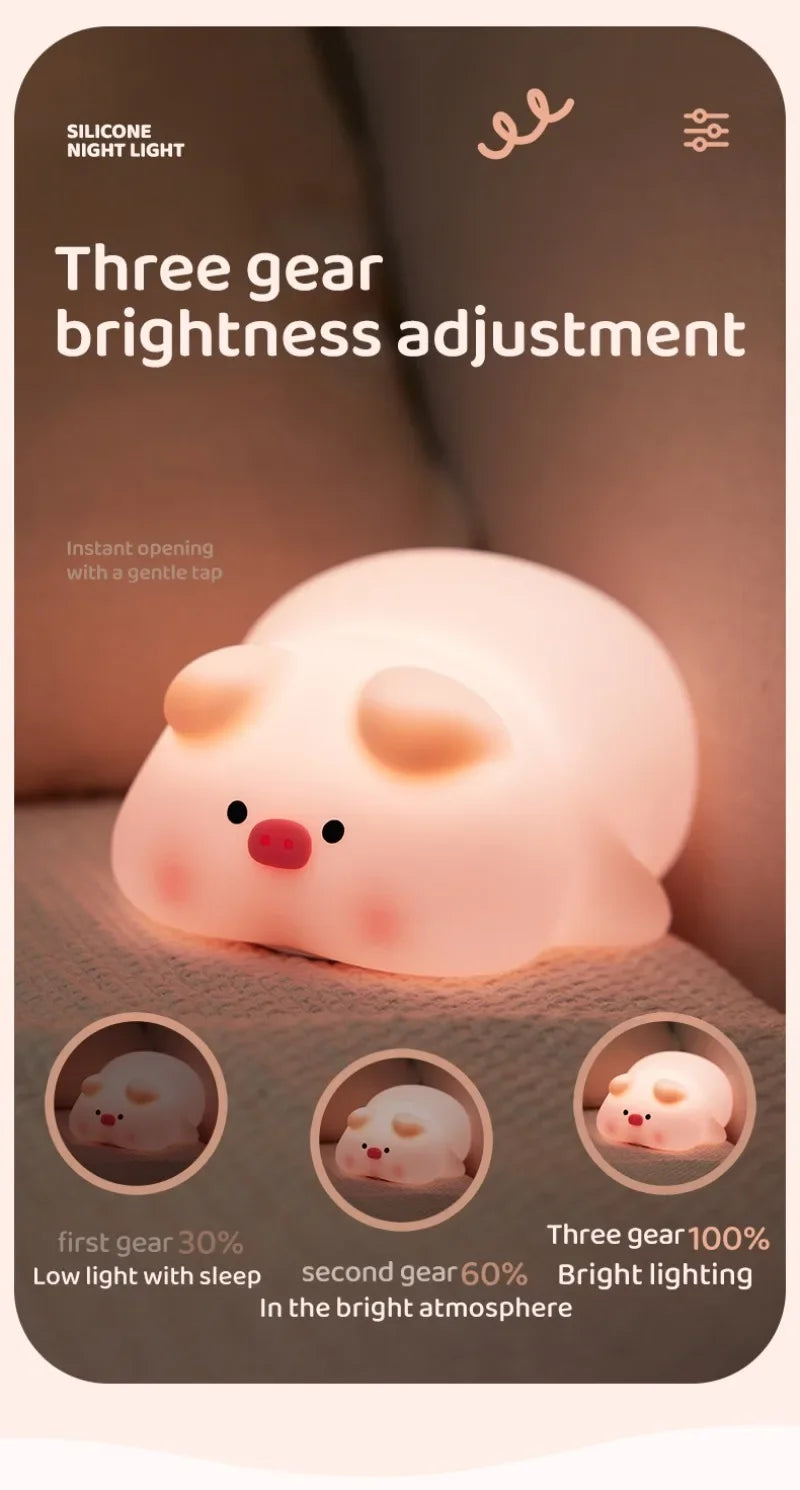 Pink Piggy Night Light Cute Silicone Night Light LED Pat Lamp Room Decoration USB Charging Indoor Atmosphere Lamp Children Gift