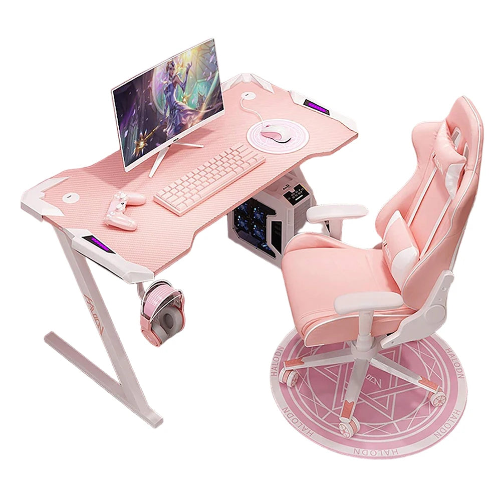 Pink Gaming Desk with LED Strip Home Office Computer Desk Ergonomic with Cup Holder for Girls Women