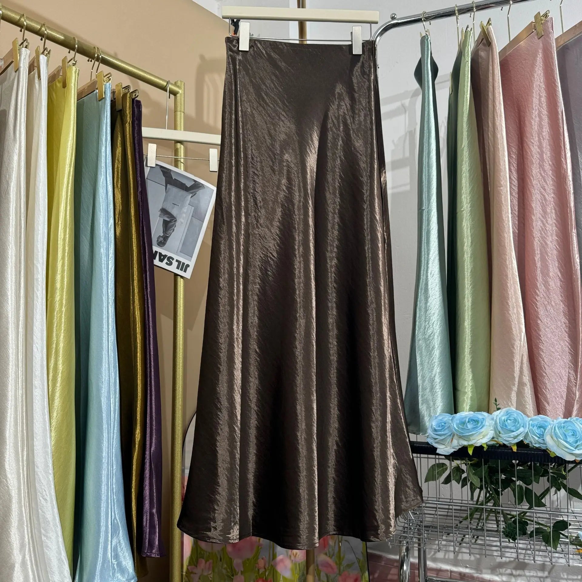 19 Colors 2026 New In Women Spring Summer Gloss Satin Long Skirts Female Fashion Elegant High Waist Faldas