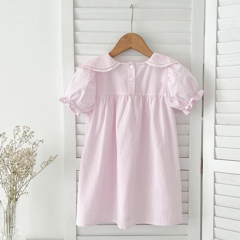Girls Pink Princess Dresses New Summer Baby Dress Puff Sleeve Korean Style Petal Collar Toddlers Kids Cotton Cute Party Dress