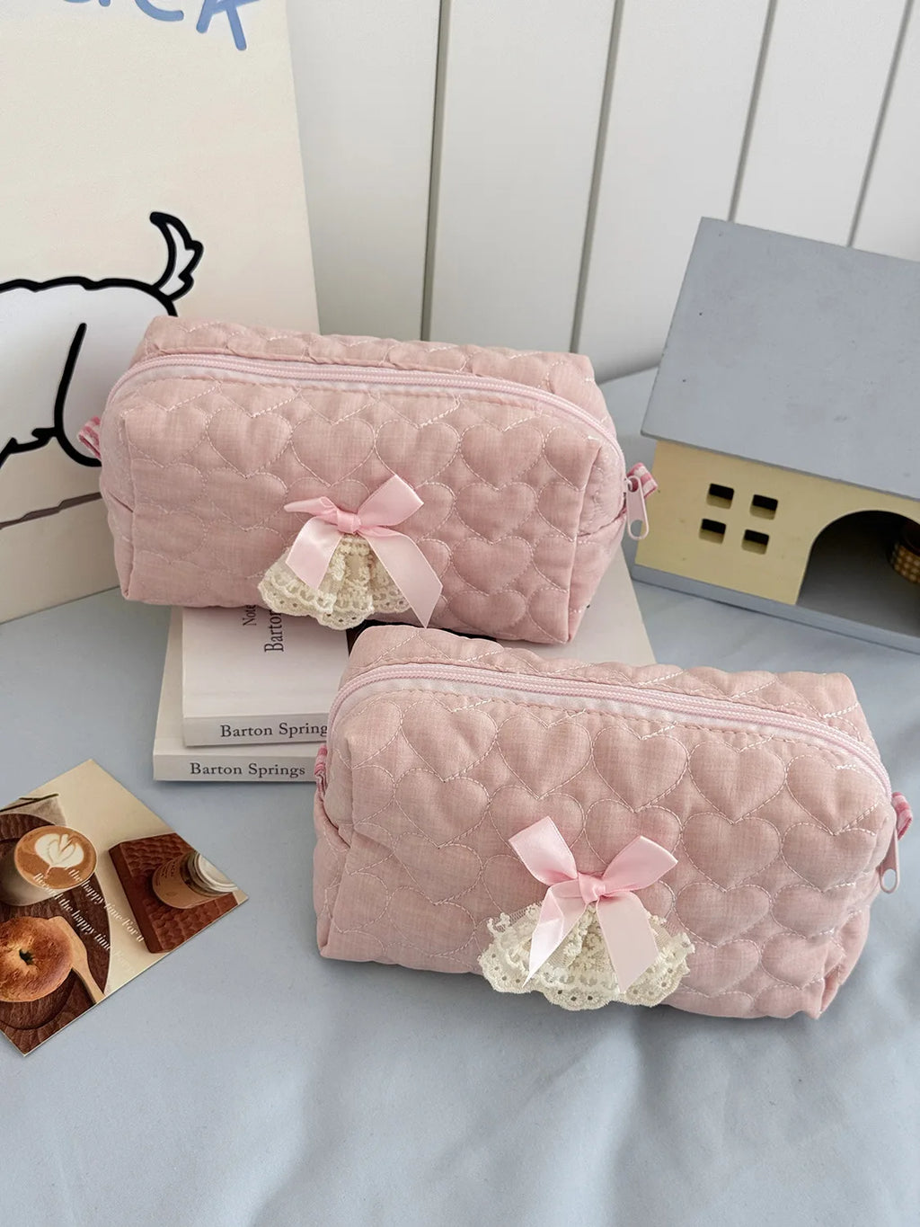 Pink Rose Sweetheart Cosmetic  Storage Bag Aesthetic Cute Lace Trim Makeup Pouch Large Capacity Vintage Cosmetic Organizer Bags