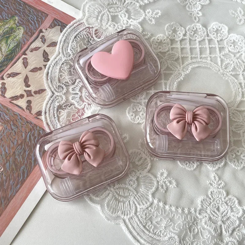 Pink Transparent Love Bow Contact Lens Case Girl Portable Beauty Pupil Box Contact Lens Cases Eye Care Tool Storage Container