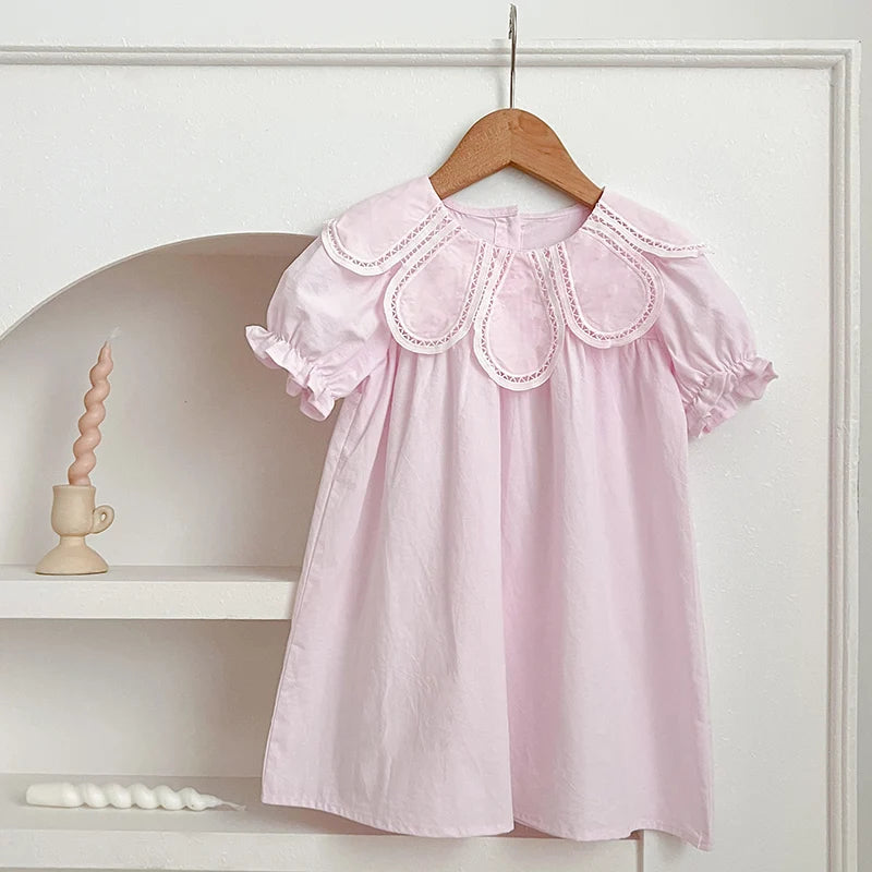 Girls Pink Princess Dresses New Summer Baby Dress Puff Sleeve Korean Style Petal Collar Toddlers Kids Cotton Cute Party Dress