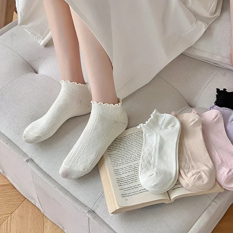 Pink Purple Women Short Socks JK Lolita Kawaii Cute Ruffle Socks Cotton Thin Breathable Low Cut Ankle Boat Socks Sox Sweet Girls