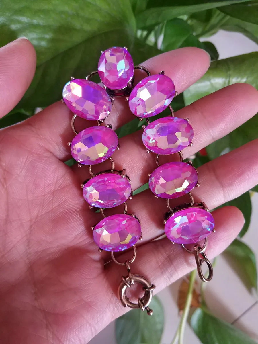 Pink AB Colored Oval Dot Crystal Bracelet Bangle Fashion Big Chunky Statement Glass Stone Jewelry for Women