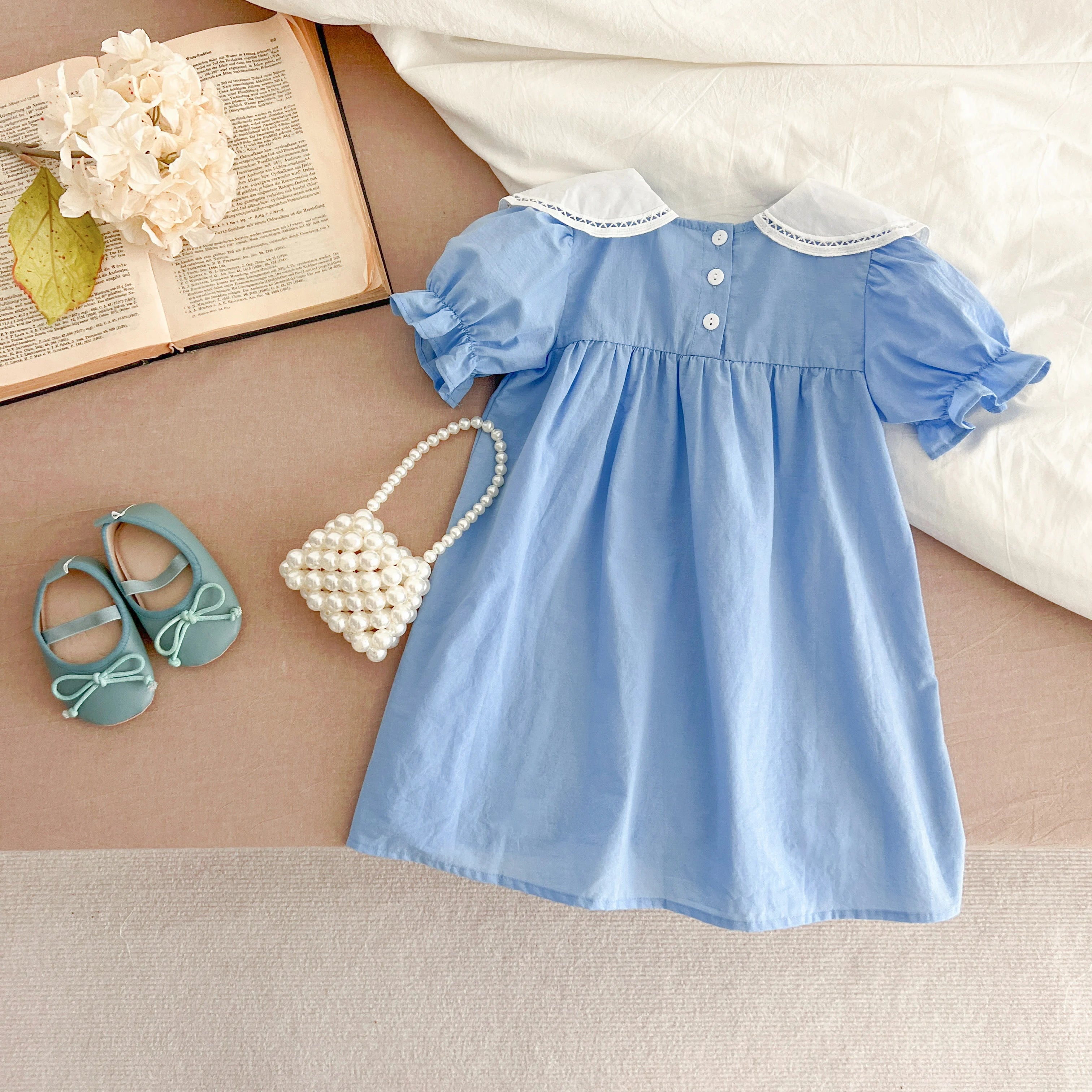 Girls Pink Princess Dresses New Summer Baby Dress Puff Sleeve Korean Style Petal Collar Toddlers Kids Cotton Cute Party Dress