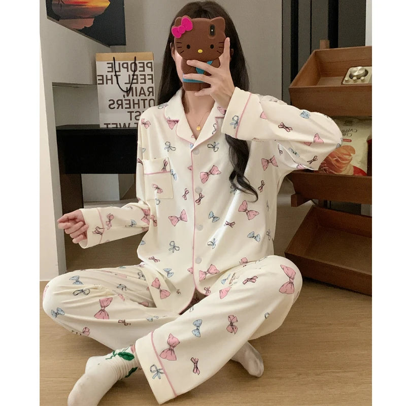 Pink Bow Dtie Design Pajamas for Women Long Sleeve Top & Elastic Waist Pants Pajamas Set Korean Style Sweet Casual New Home Wear