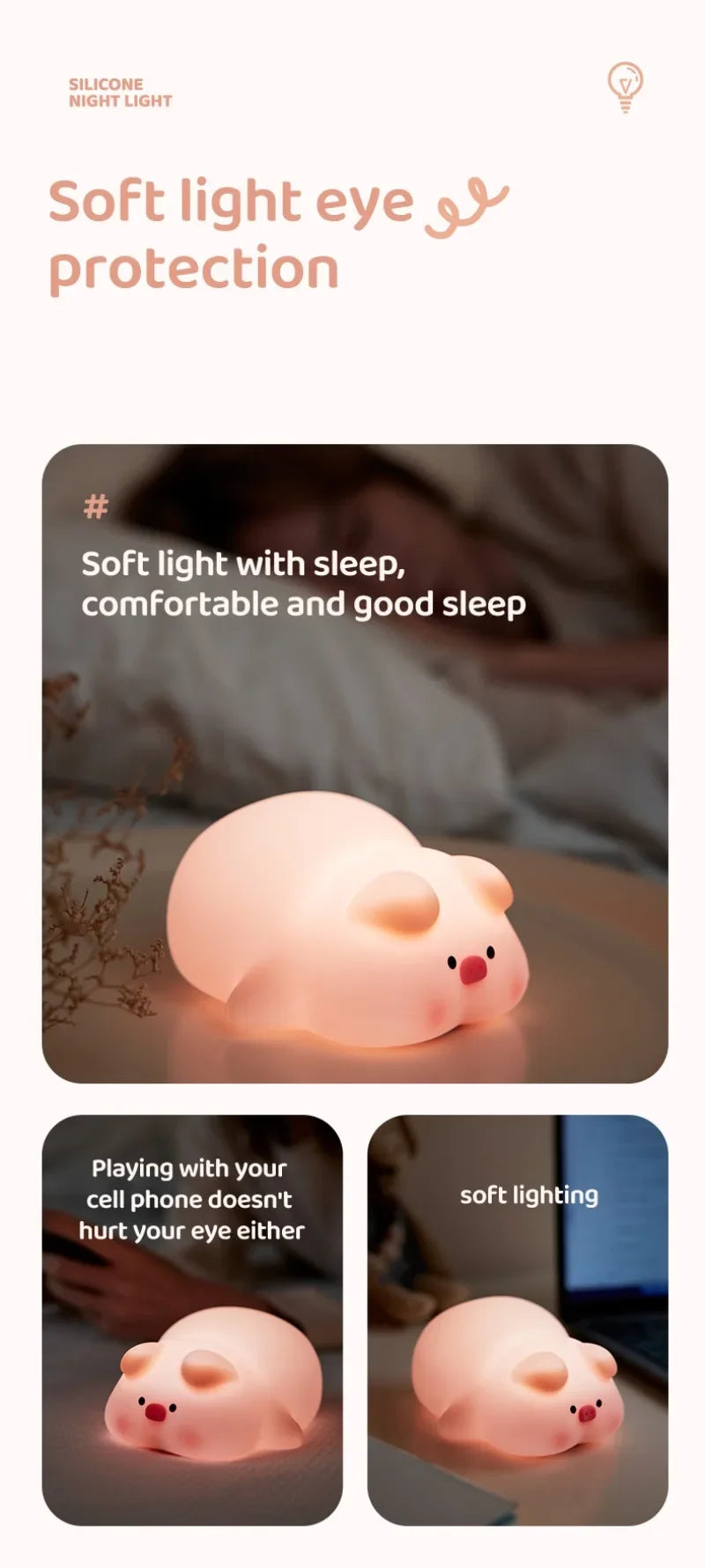 Pink Piggy Night Light Cute Silicone Night Light LED Pat Lamp Room Decoration USB Charging Indoor Atmosphere Lamp Children Gift