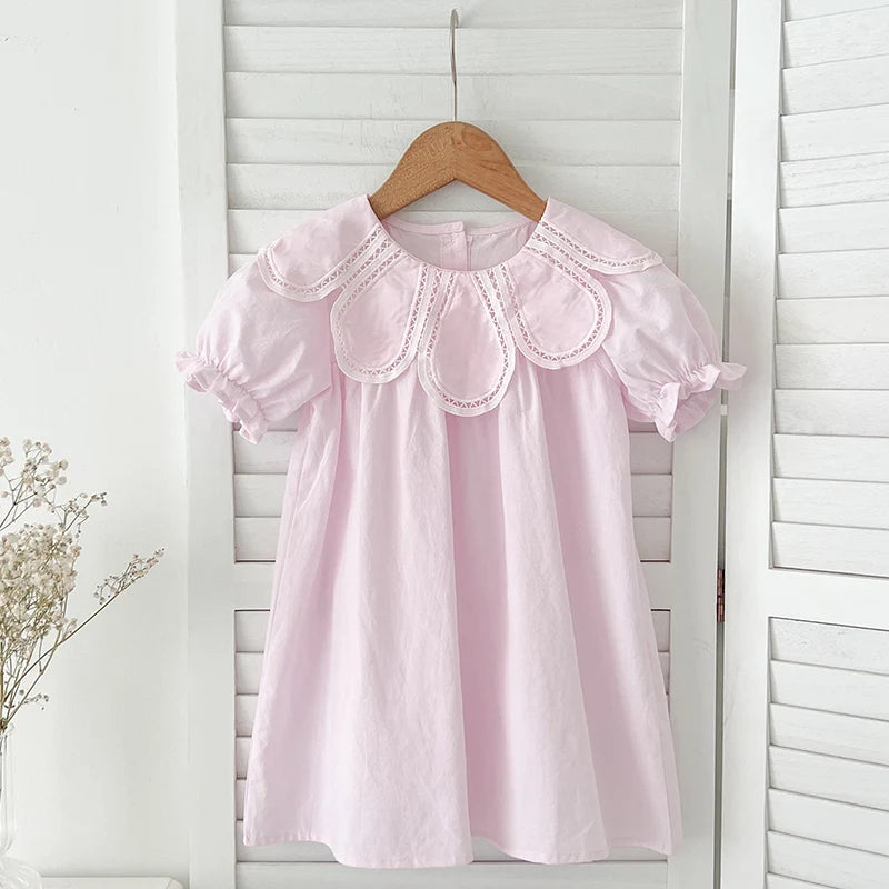 Girls Pink Princess Dresses New Summer Baby Dress Puff Sleeve Korean Style Petal Collar Toddlers Kids Cotton Cute Party Dress