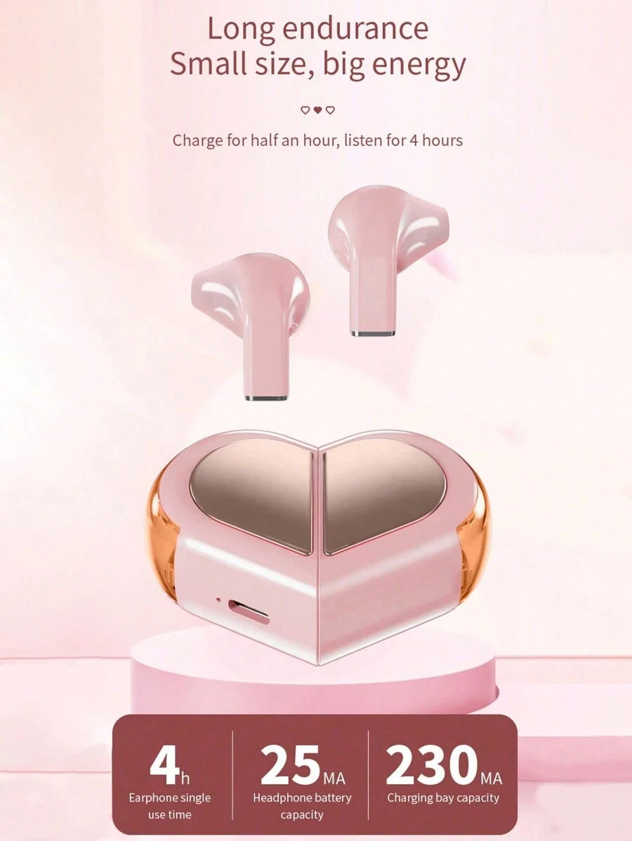 Pink Heart Wireless Earbuds for Girls Cute Small Earphones Hifi Stereo Sound Bluetooth Headsets Touch Control Gaming Handphones