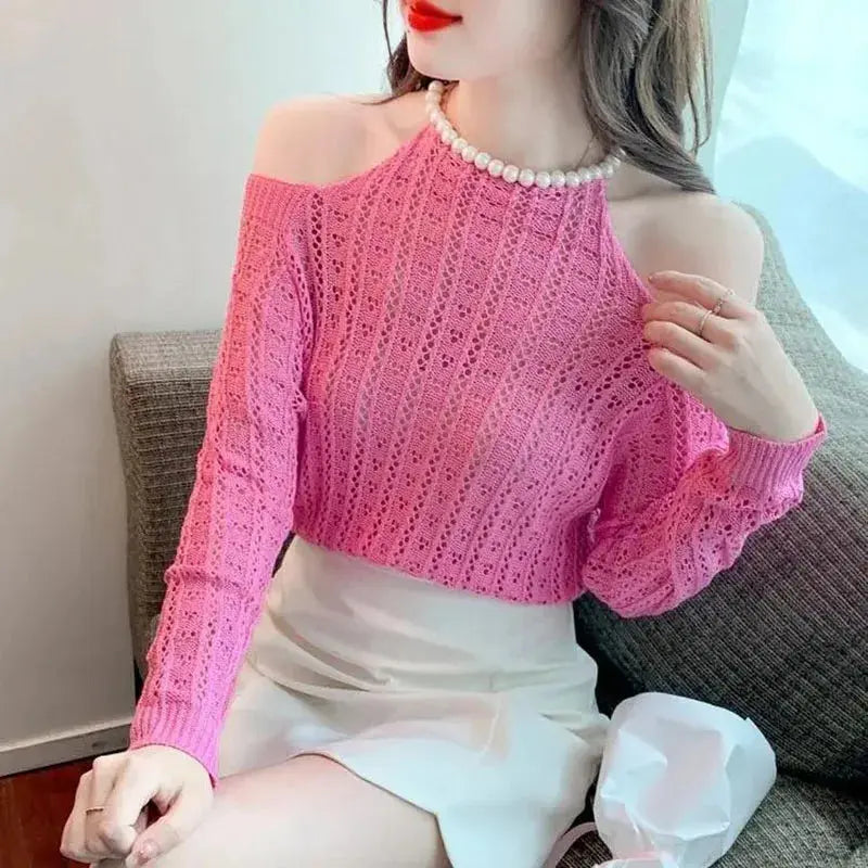 Spring Autumn New Carefully Machine Hollow Neck Hanging Shoulder Women's Knitted Bottom Shirt with Inner Layer to Look Thin Top Pinkshop