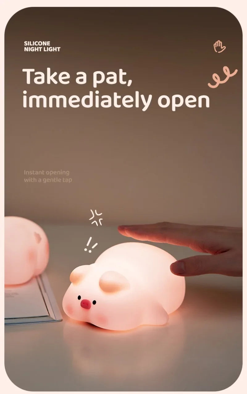 Pink Piggy Night Light Cute Silicone Night Light LED Pat Lamp Room Decoration USB Charging Indoor Atmosphere Lamp Children Gift