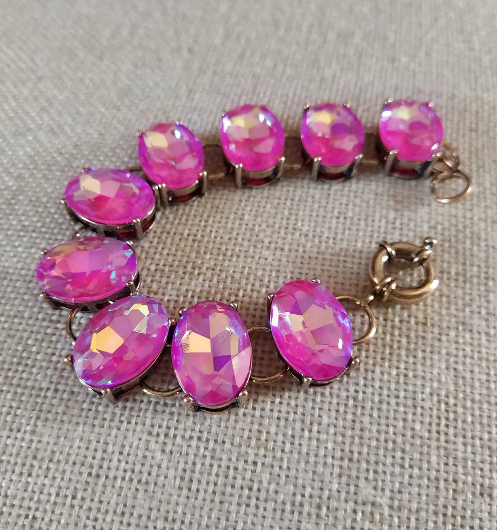 Pink AB Colored Oval Dot Crystal Bracelet Bangle Fashion Big Chunky Statement Glass Stone Jewelry for Women