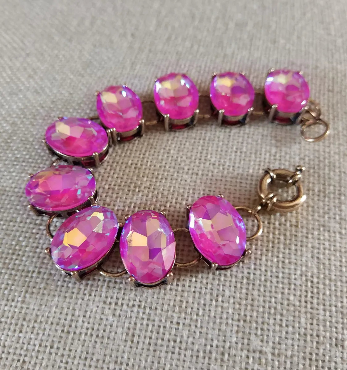 Pink AB Colored Oval Dot Crystal Bracelet Bangle Fashion Big Chunky Statement Glass Stone Jewelry for Women