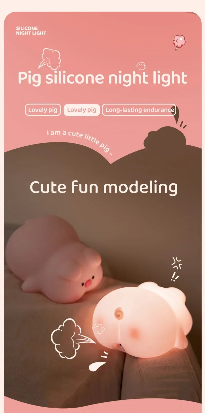 Pink Piggy Night Light Cute Silicone Night Light LED Pat Lamp Room Decoration USB Charging Indoor Atmosphere Lamp Children Gift