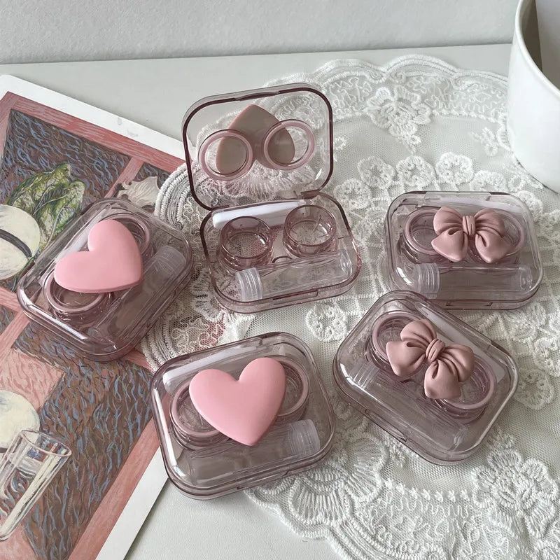 Pink Transparent Love Bow Contact Lens Case Girl Portable Beauty Pupil Box Contact Lens Cases Eye Care Tool Storage Container