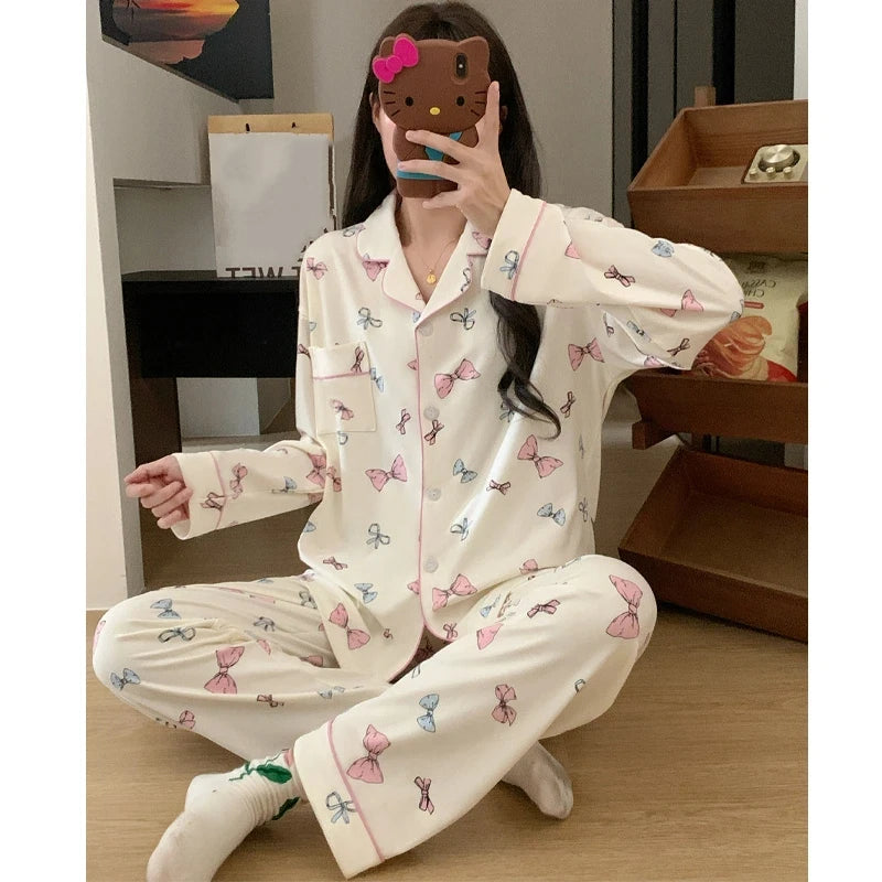 Pink Bow Dtie Design Pajamas for Women Long Sleeve Top & Elastic Waist Pants Pajamas Set Korean Style Sweet Casual New Home Wear