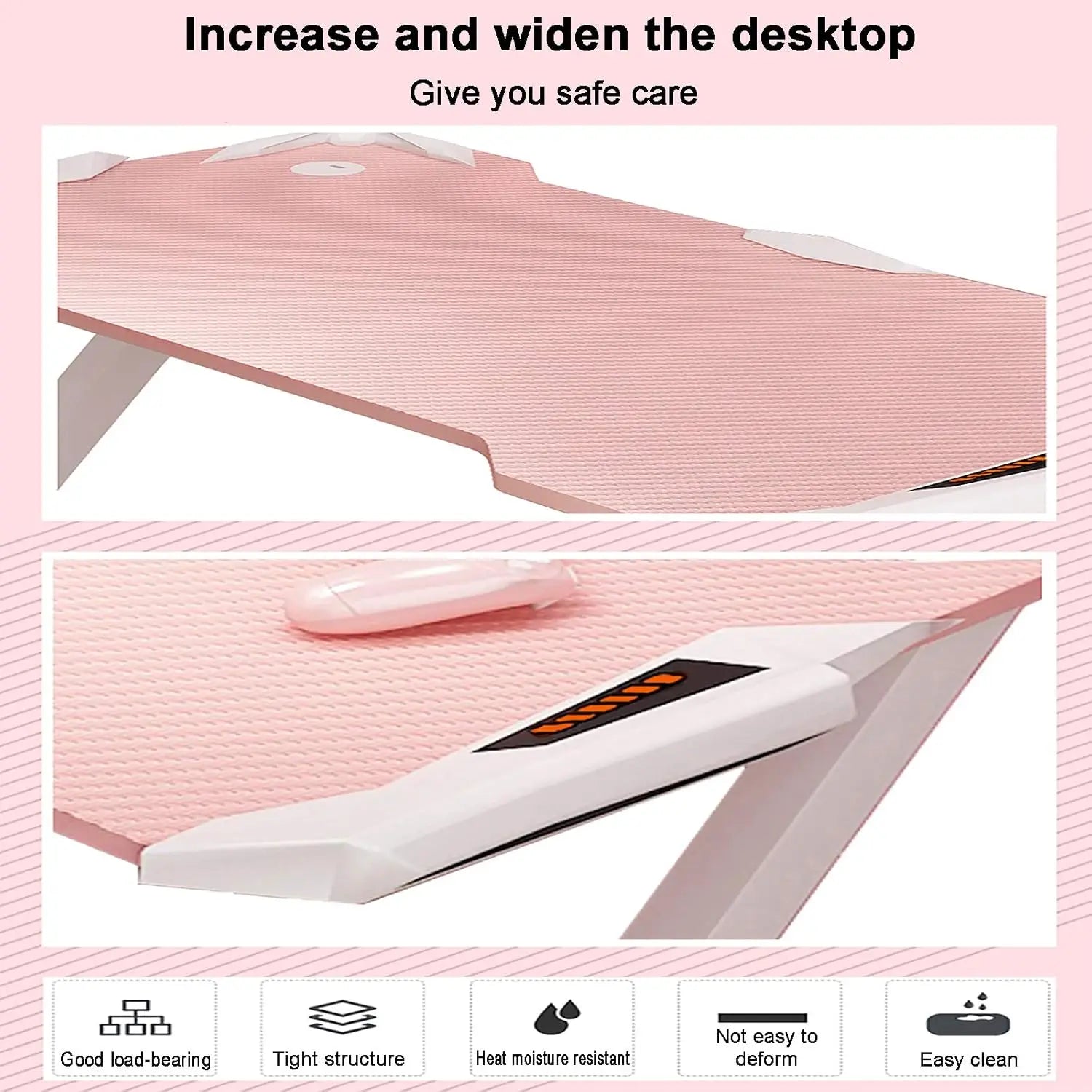 Pink Gaming Desk with LED Strip Home Office Computer Desk Ergonomic with Cup Holder for Girls Women