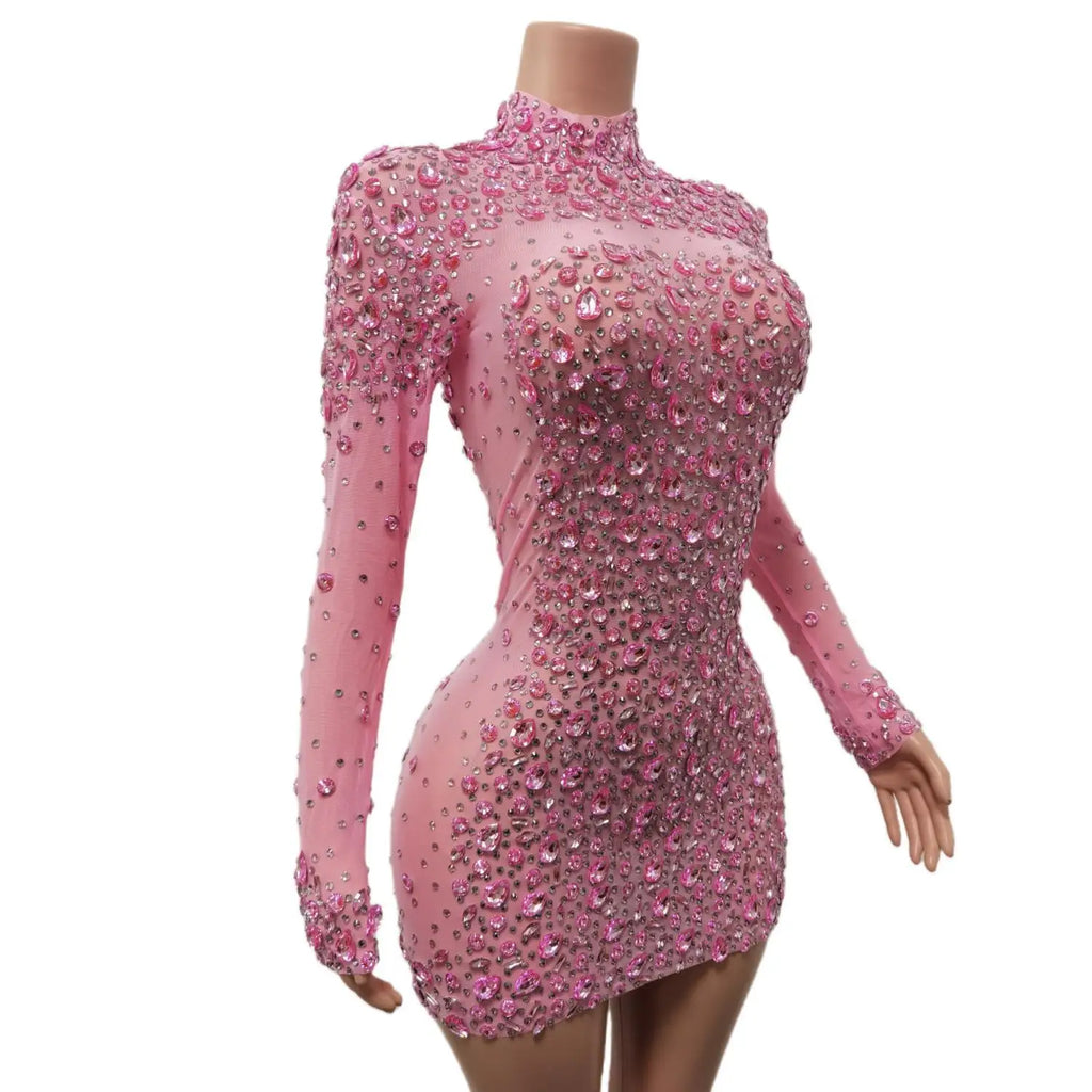 Sexy Dance Pink Dress Performance Sparkly Pink Rhinestones Dress Women Evening Birthday Celebrate Party Outfit 2025 Cuixing