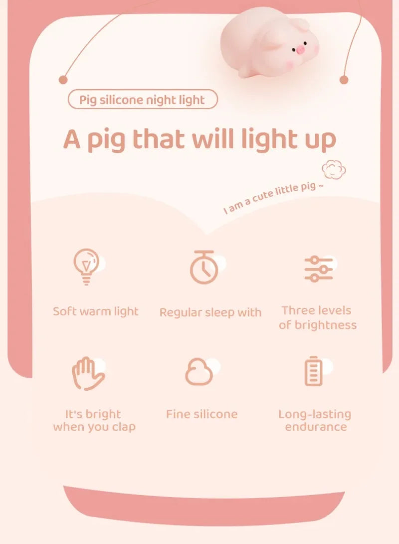 Pink Piggy Night Light Cute Silicone Night Light LED Pat Lamp Room Decoration USB Charging Indoor Atmosphere Lamp Children Gift