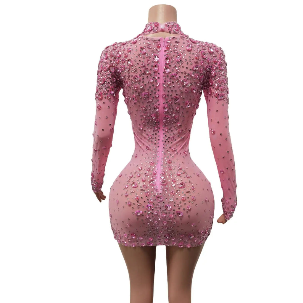 Sexy Dance Pink Dress Performance Sparkly Pink Rhinestones Dress Women Evening Birthday Celebrate Party Outfit 2025 Cuixing