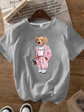 Pink dress bear pattern round neck women T-shirt short sleeve fashion print half sleeve shirt stretch T-shirt