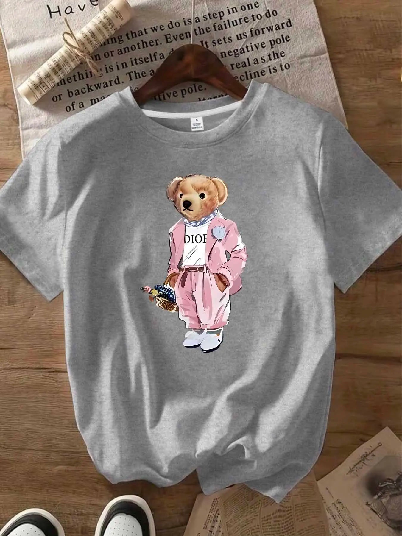 Pink dress bear pattern round neck women T-shirt short sleeve fashion print half sleeve shirt stretch T-shirt