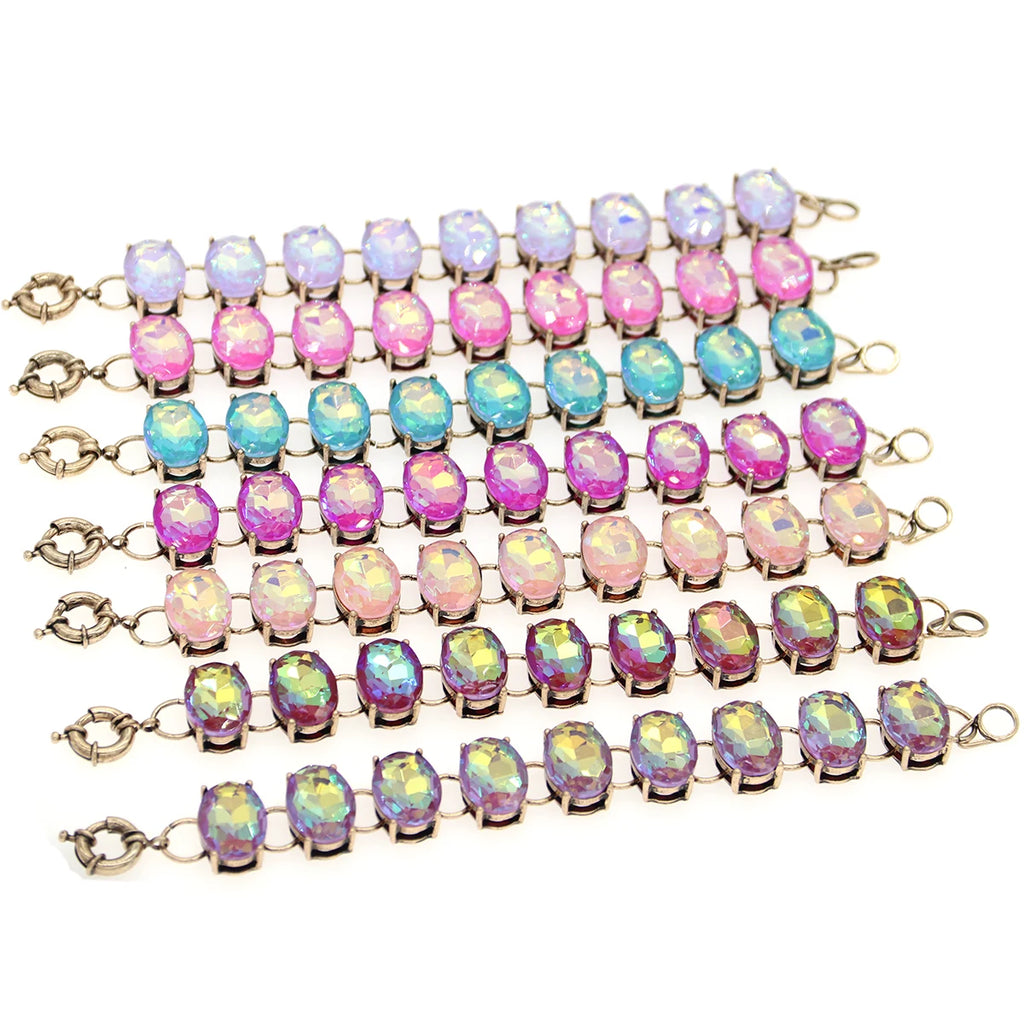 Pink AB Colored Oval Dot Crystal Bracelet Bangle Fashion Big Chunky Statement Glass Stone Jewelry for Women