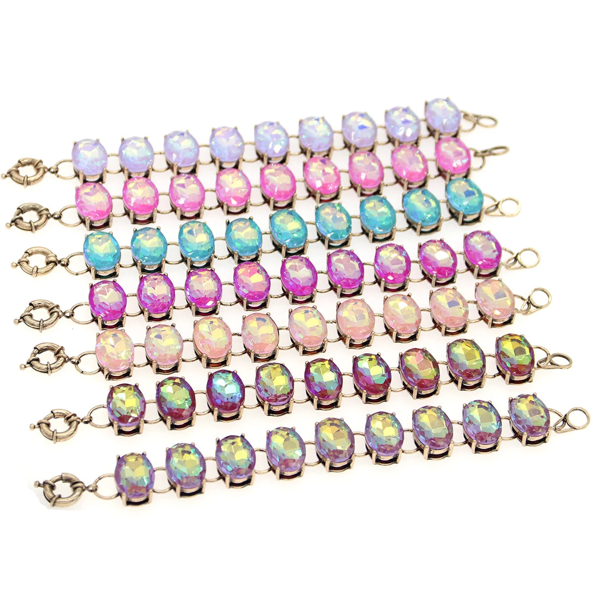 Pink AB Colored Oval Dot Crystal Bracelet Bangle Fashion Big Chunky Statement Glass Stone Jewelry for Women