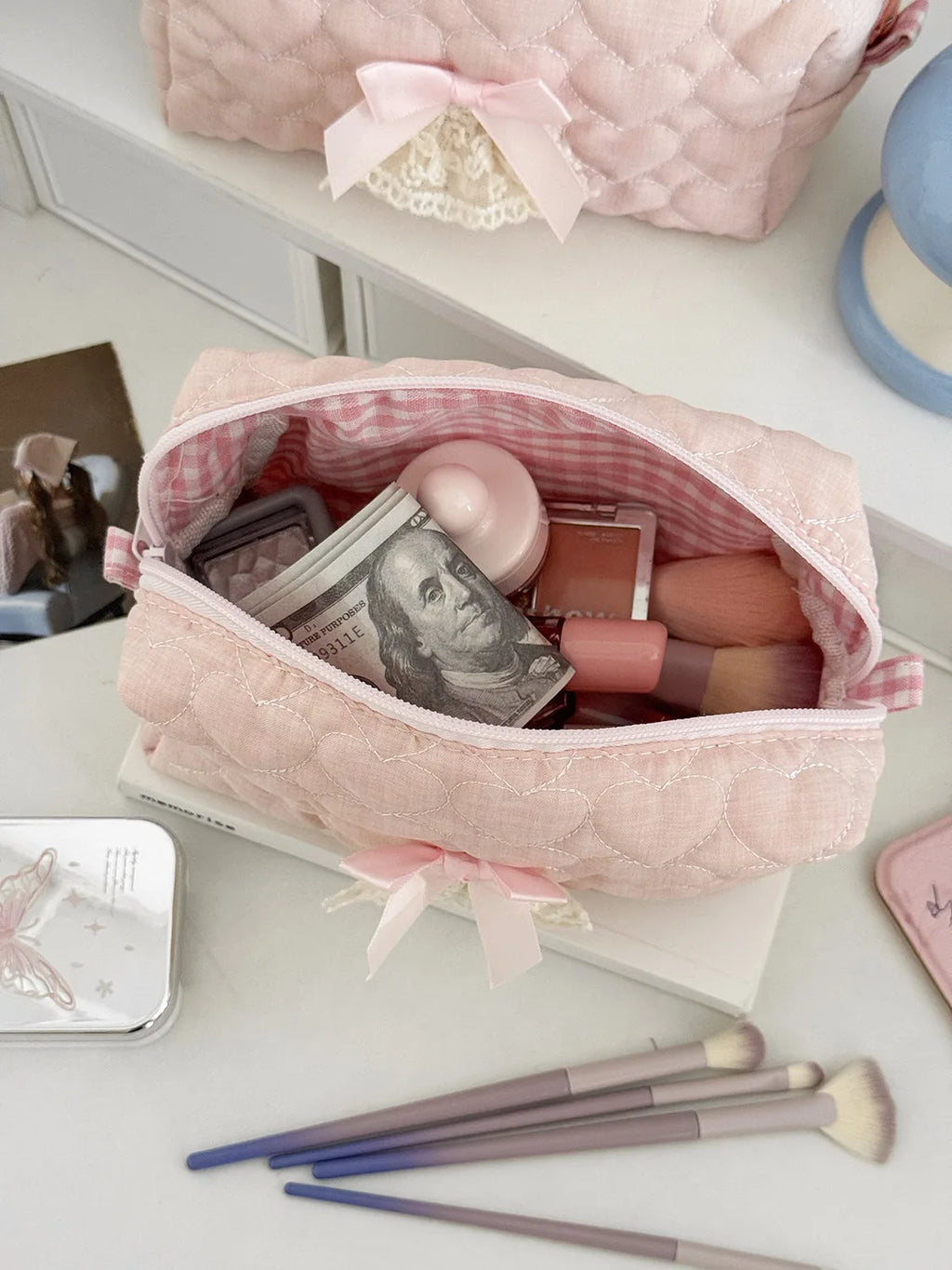 Pink Rose Sweetheart Cosmetic  Storage Bag Aesthetic Cute Lace Trim Makeup Pouch Large Capacity Vintage Cosmetic Organizer Bags