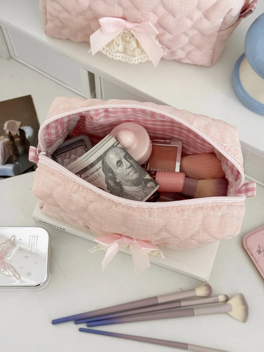 Pink Rose Sweetheart Cosmetic  Storage Bag Aesthetic Cute Lace Trim Makeup Pouch Large Capacity Vintage Cosmetic Organizer Bags