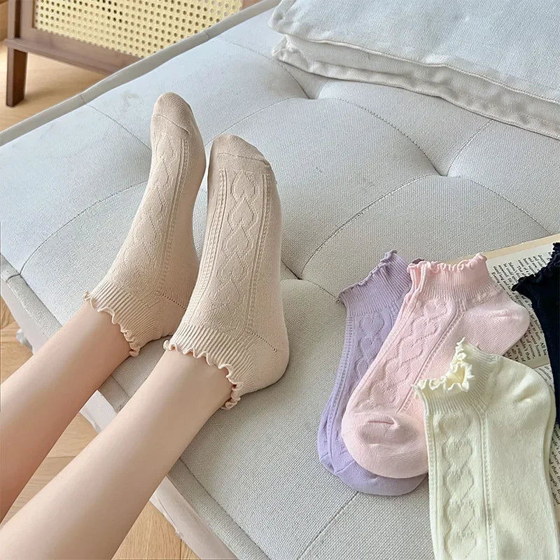 Pink Purple Women Short Socks JK Lolita Kawaii Cute Ruffle Socks Cotton Thin Breathable Low Cut Ankle Boat Socks Sox Sweet Girls