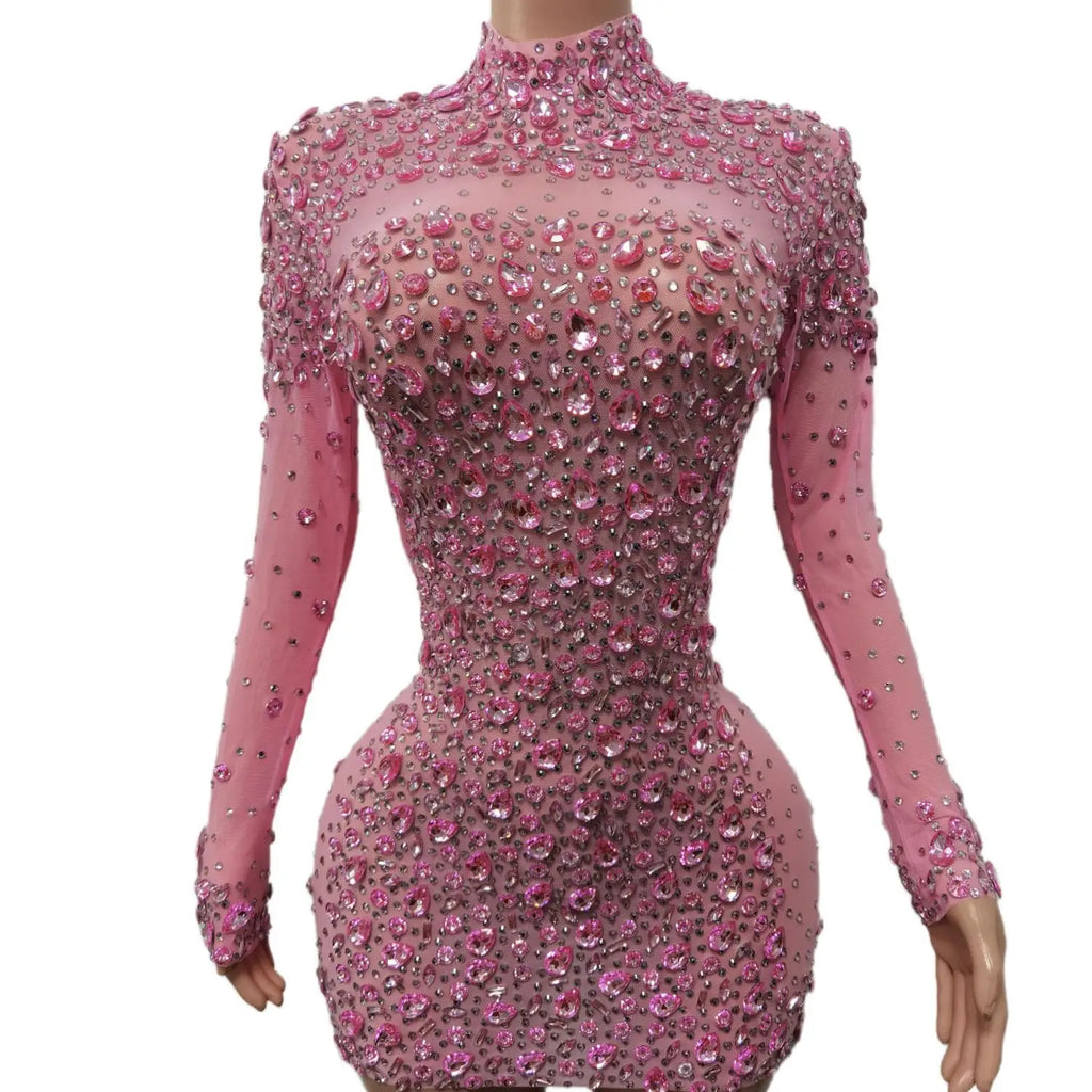 Sexy Dance Pink Dress Performance Sparkly Pink Rhinestones Dress Women Evening Birthday Celebrate Party Outfit 2025 Cuixing