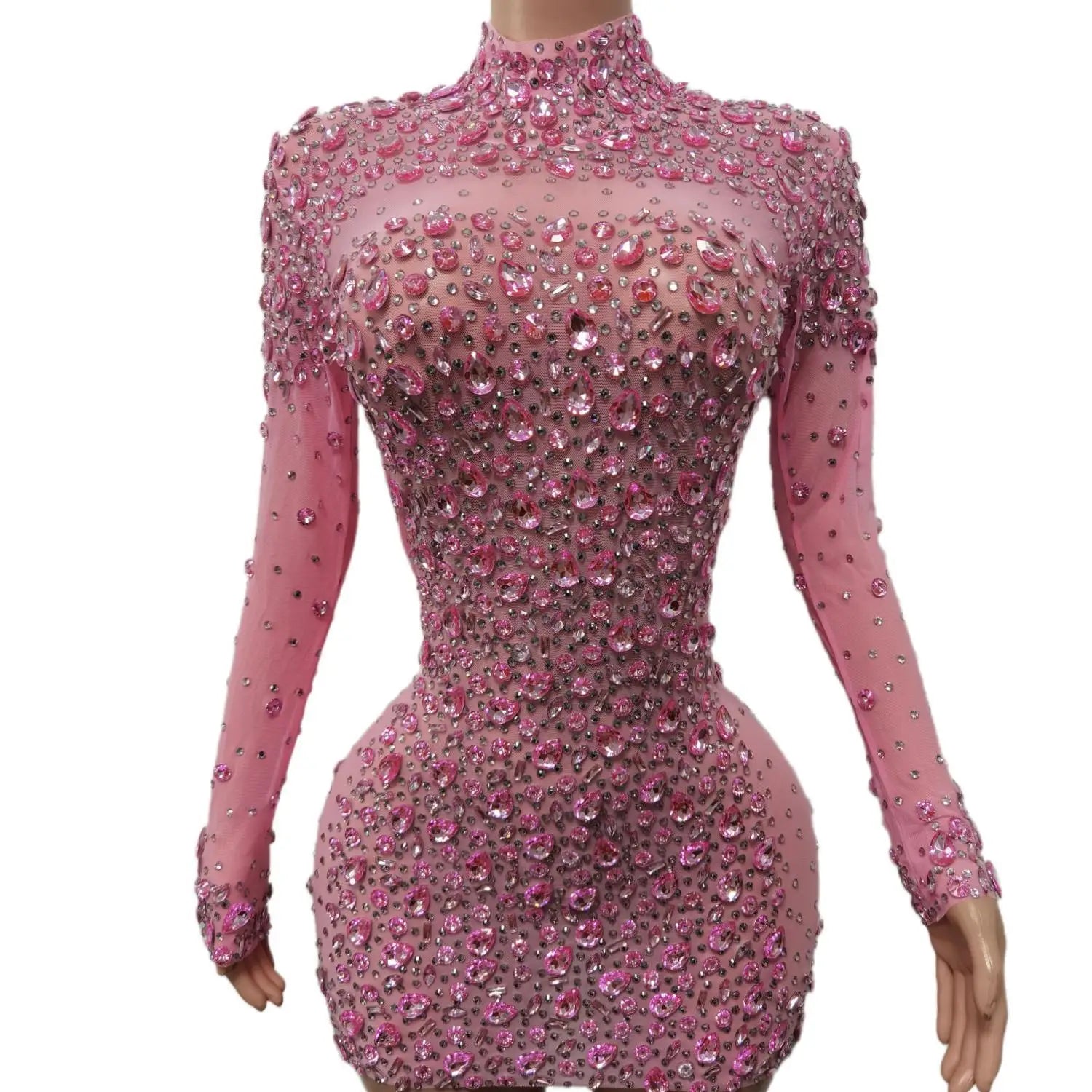 Sexy Dance Pink Dress Performance Sparkly Pink Rhinestones Dress Women Evening Birthday Celebrate Party Outfit 2025 Cuixing