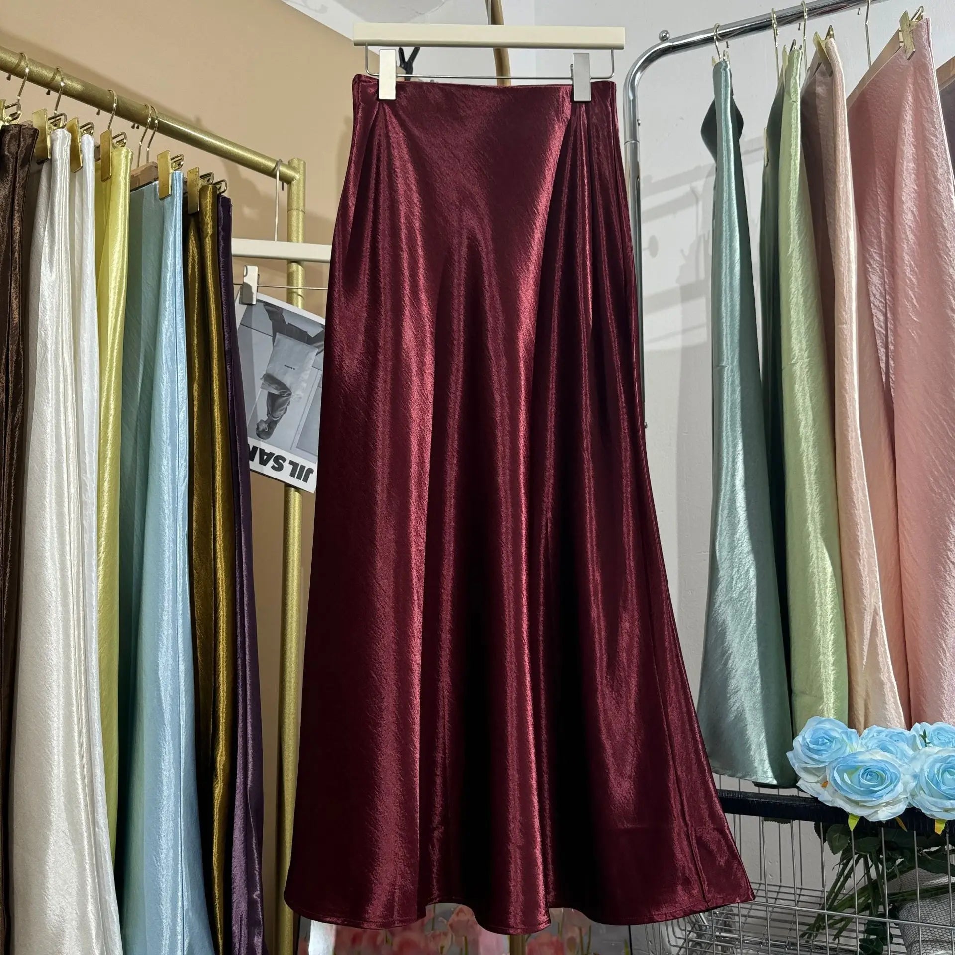 19 Colors 2026 New In Women Spring Summer Gloss Satin Long Skirts Female Fashion Elegant High Waist Faldas