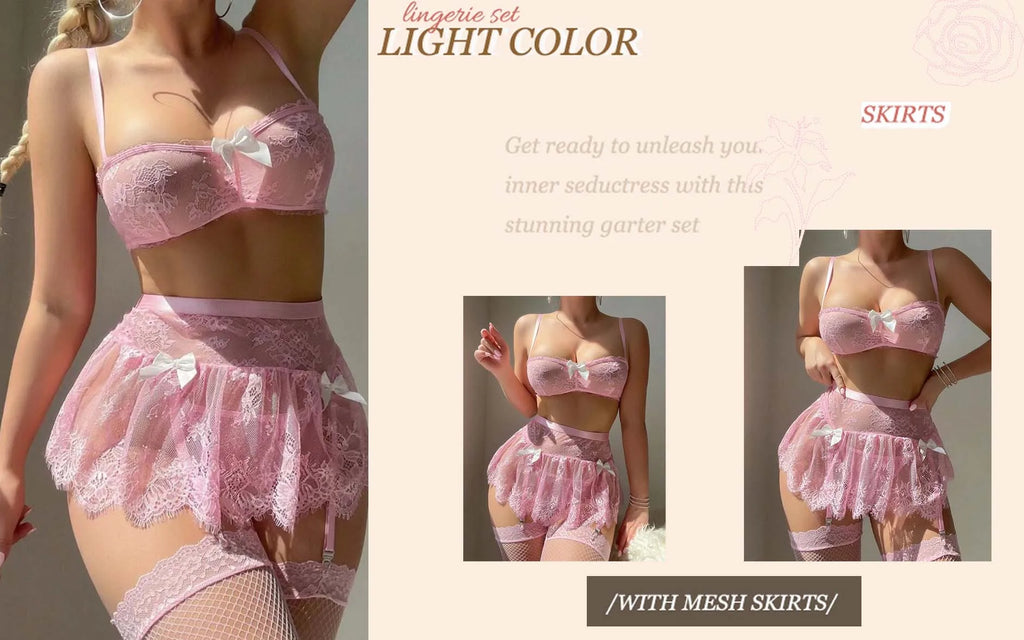 Pink Lace Bra and Panty Set with Tutu Skirt, Bow Detail & Garter Straps – Sexy Lingerie for Women, Romantic Boudoir, Valentine’s