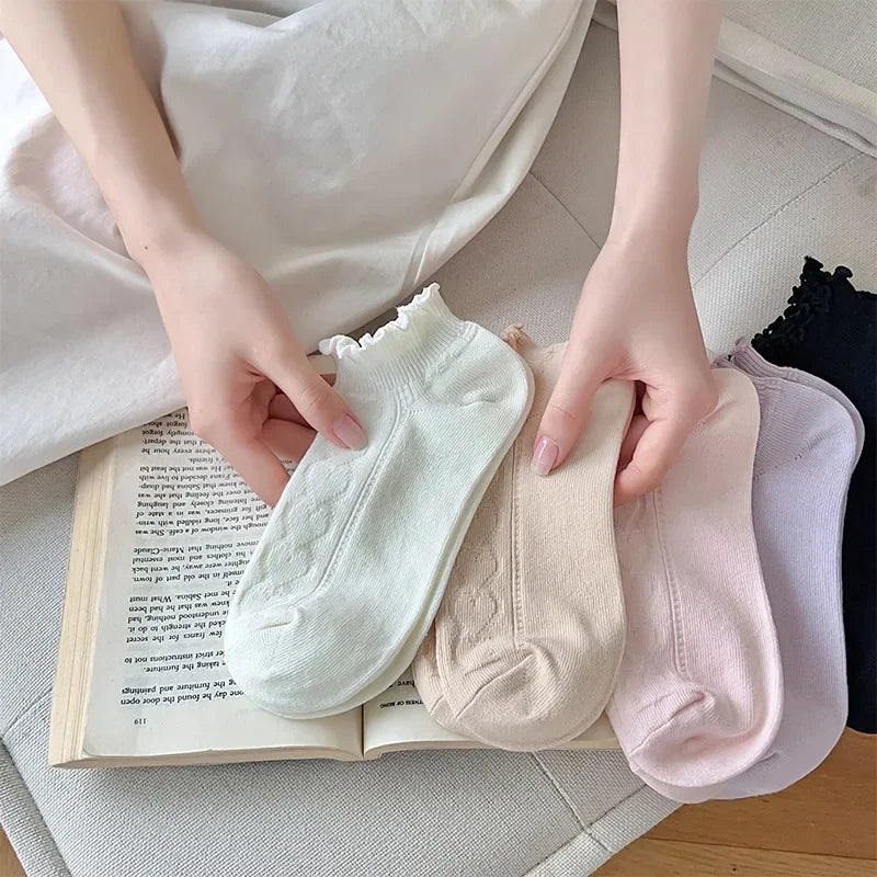 Pink Purple Women Short Socks JK Lolita Kawaii Cute Ruffle Socks Cotton Thin Breathable Low Cut Ankle Boat Socks Sox Sweet Girls