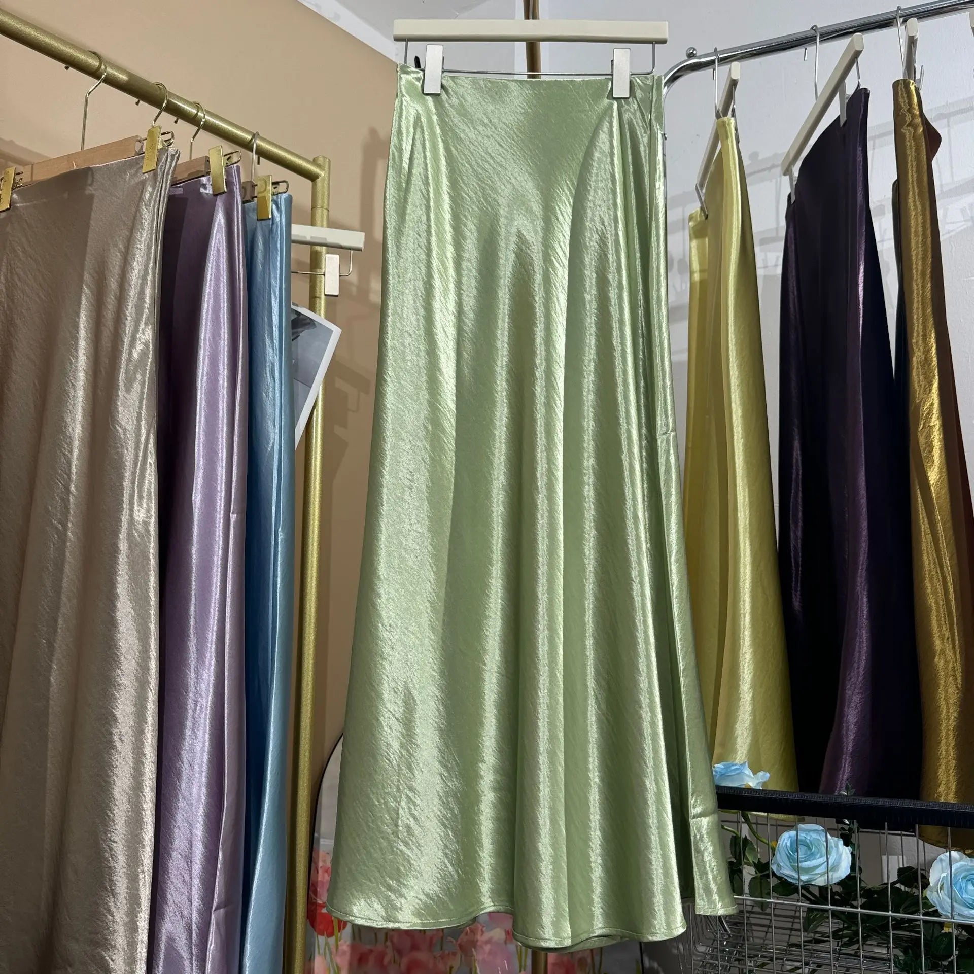 19 Colors 2026 New In Women Spring Summer Gloss Satin Long Skirts Female Fashion Elegant High Waist Faldas