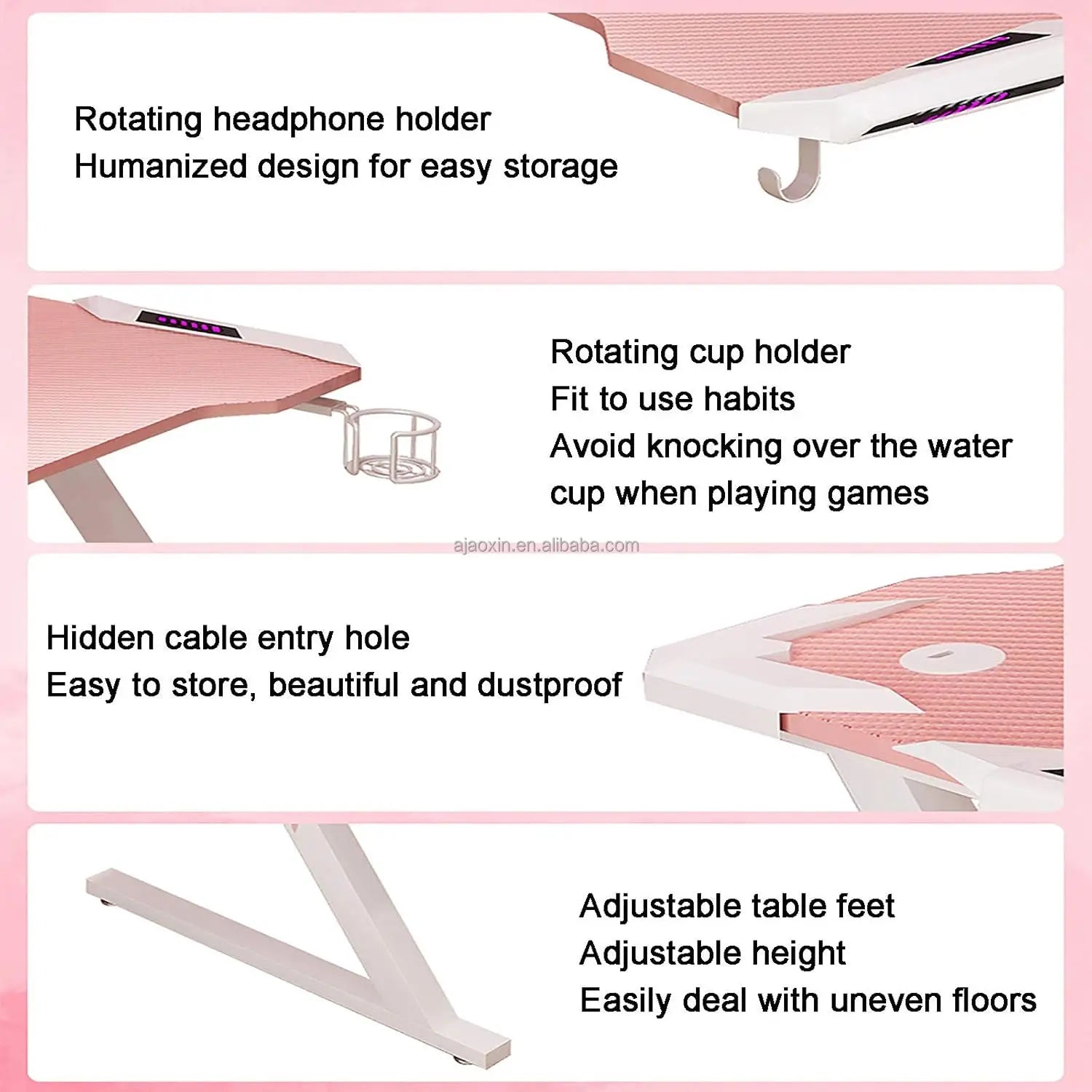 Pink Gaming Desk with LED Strip Home Office Computer Desk Ergonomic with Cup Holder for Girls Women
