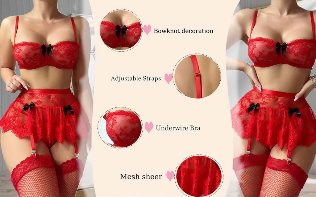Pink Lace Bra and Panty Set with Tutu Skirt, Bow Detail & Garter Straps – Sexy Lingerie for Women, Romantic Boudoir, Valentine’s