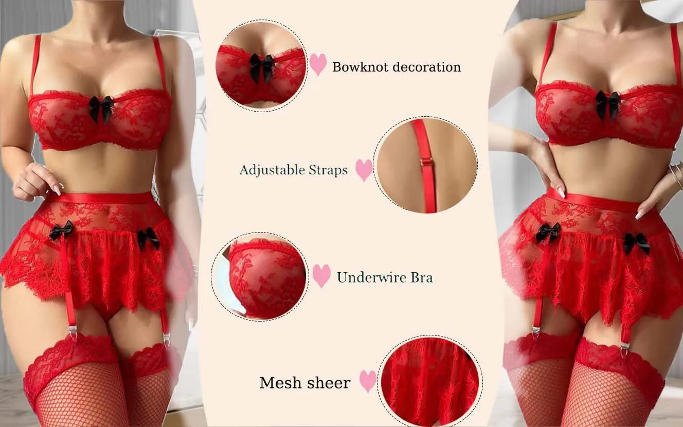 Pink Lace Bra and Panty Set with Tutu Skirt, Bow Detail & Garter Straps – Sexy Lingerie for Women, Romantic Boudoir, Valentine’s