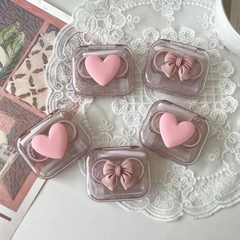 Pink Transparent Love Bow Contact Lens Case Girl Portable Beauty Pupil Box Contact Lens Cases Eye Care Tool Storage Container