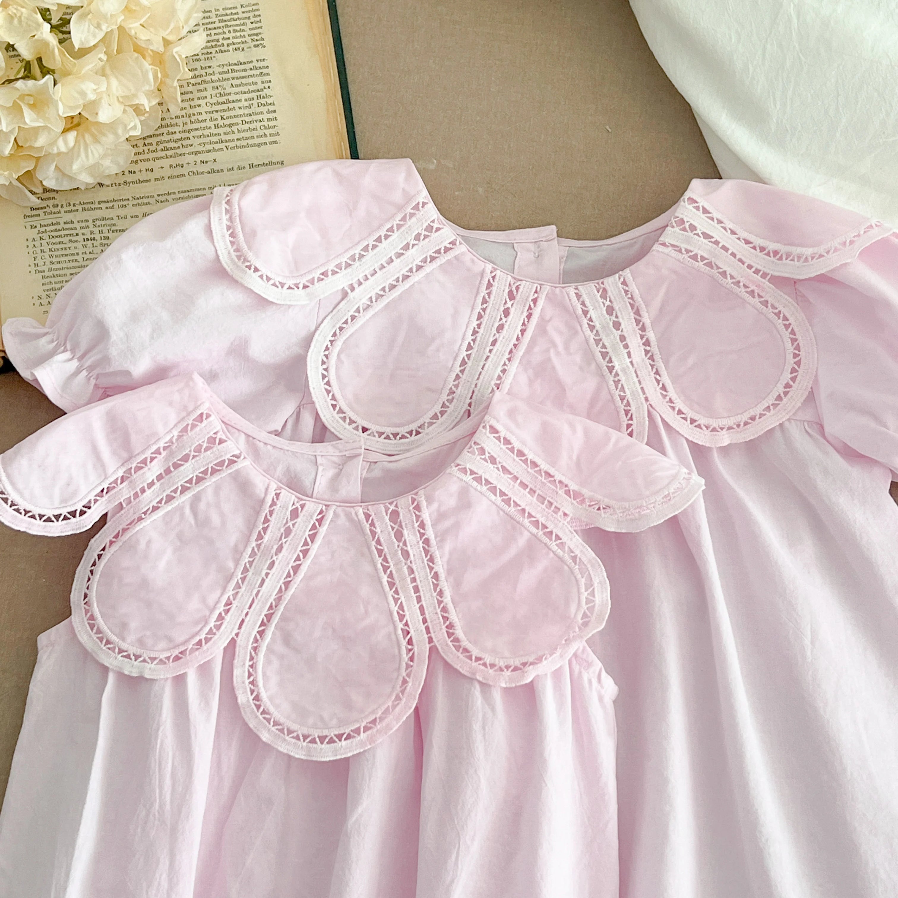 Girls Pink Princess Dresses New Summer Baby Dress Puff Sleeve Korean Style Petal Collar Toddlers Kids Cotton Cute Party Dress